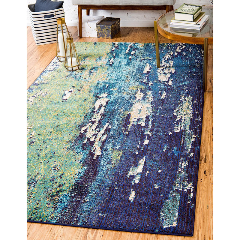 Tapis bleu marine à motif géométrique shirey, Rectangle 9 pi x 12 pi