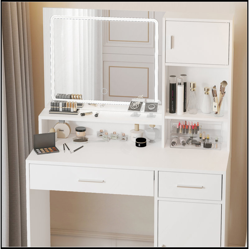 Vanity Desk With Mirror And LED Light Strip,Dressing Table With Large Drawer, 3 Level Storage Dresser & 3 Lighting Modes Adjustable Brightness, Suitable For Bedroom