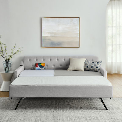 Twin Size Upholstery Daybed With Twin Size Erectable Trundle And USB Charging Design, Linen Beige