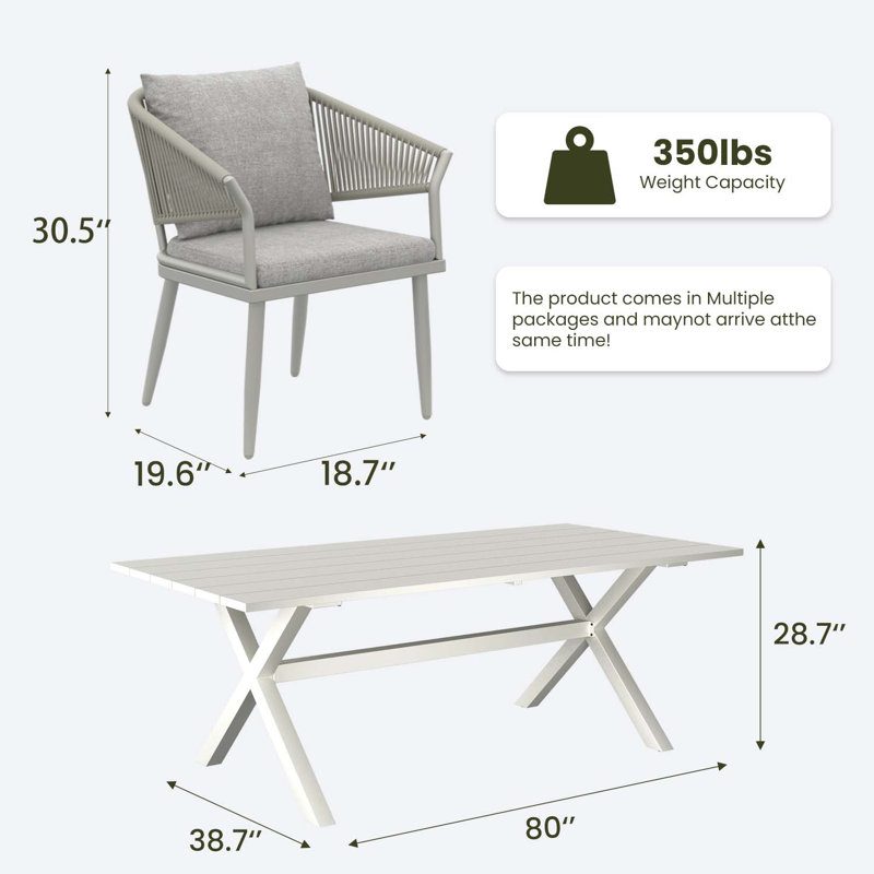 Rectangular Outdoor Dining Set With Cushions, Light Grey/White, 10