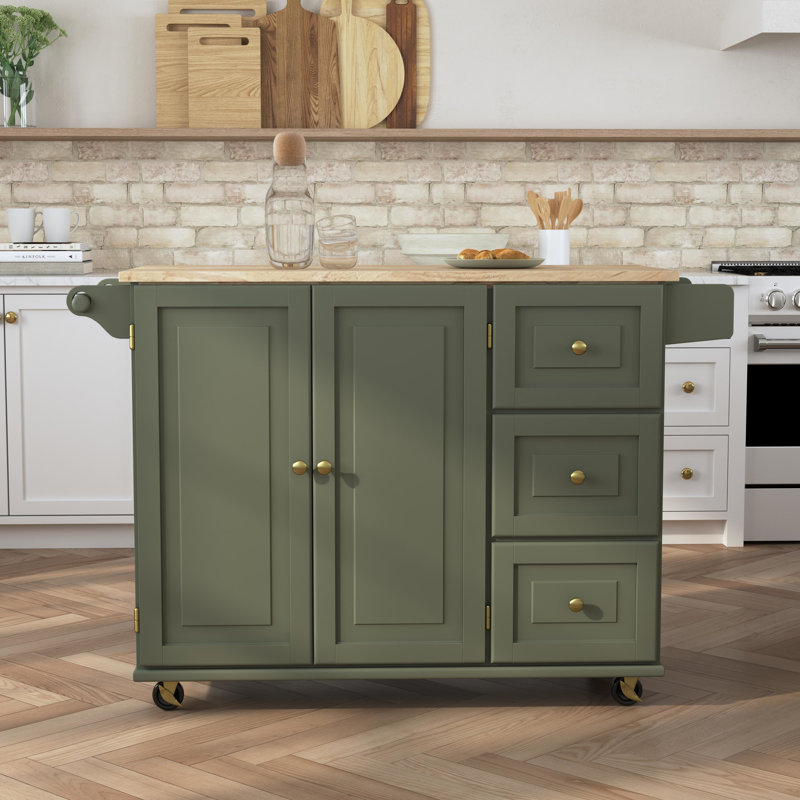 Arlonda Solid Wood Top Kitchen Cart, Sage Green