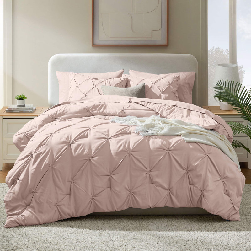 Bed-in-A-Bag Pleated Comforter Set with Bed Sheets, Full / Double Comforter + 6 Additional Pieces, Peach Beige