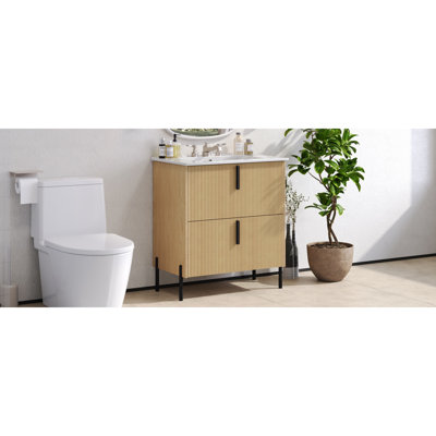 Meuble-lavabo de 30 po avec lavabo en céramique et tiroirs pleine extension, glissières de tiroir à fermeture en douceur, conception cannelée, naturel