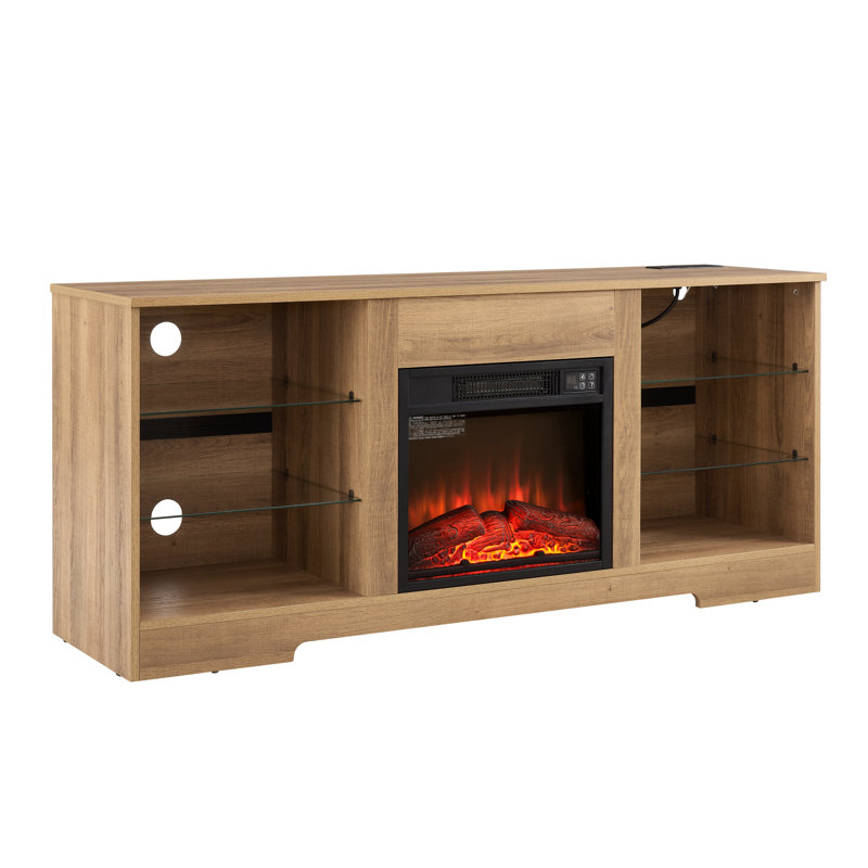 Meuble télé avec foyer électrique, 21 fonctions, chêne, compatible 62 po, support à température de flamme avec grand abri de rangement, l 58 po x P 15,5 po, H 24,4 po, réglable