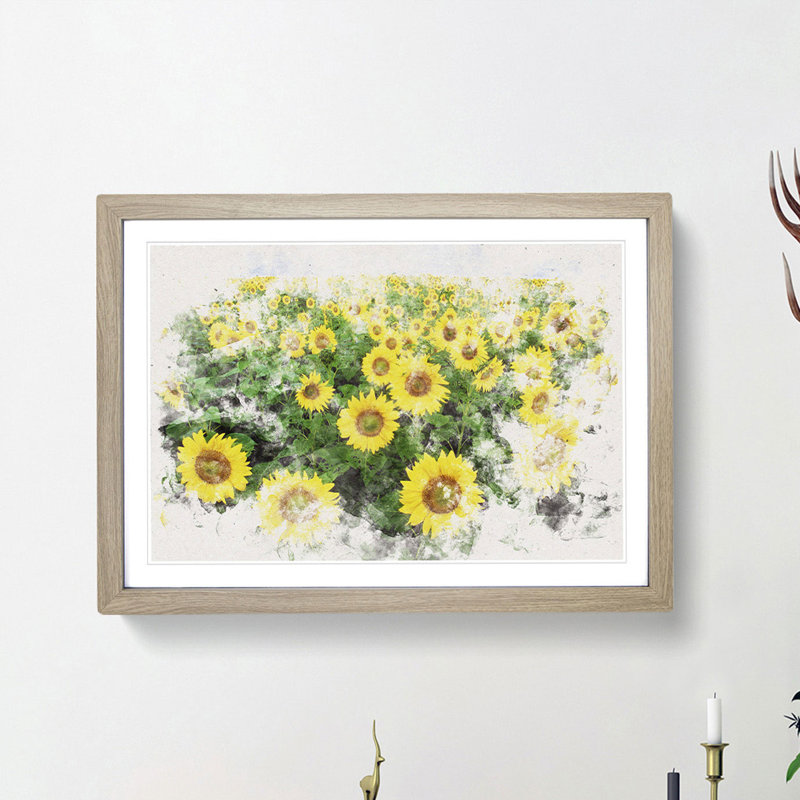 Yellow Sunflower Meadow Watercolour - Picture Frame Graphic Art Print, 45cm H x 63cm W x 2cm D, Oak Framed