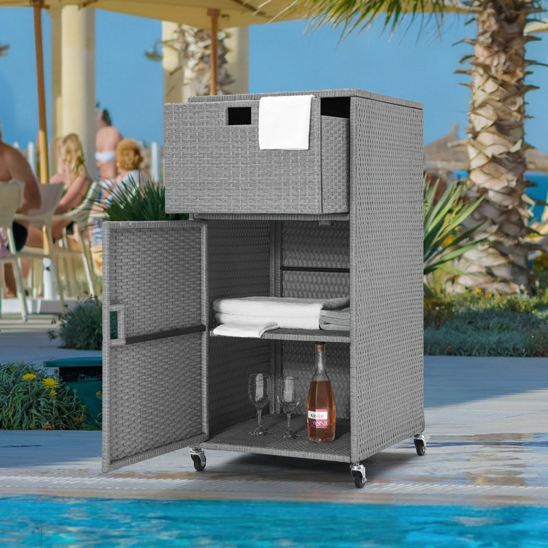 Outdoor Pool Towel Storage Cabinet Outdoor Towel Rack For Pool With Shelf & Drawer Pool Towel Holder With Rolling Wheels Hot Tub Towel Rack W/Waterproof Cover Poolside Towel Valet Caddy For Spa Grey