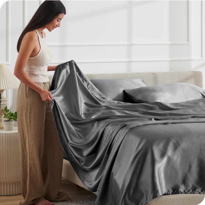 Queen Gray Satin Deep Pocket Sheet Set