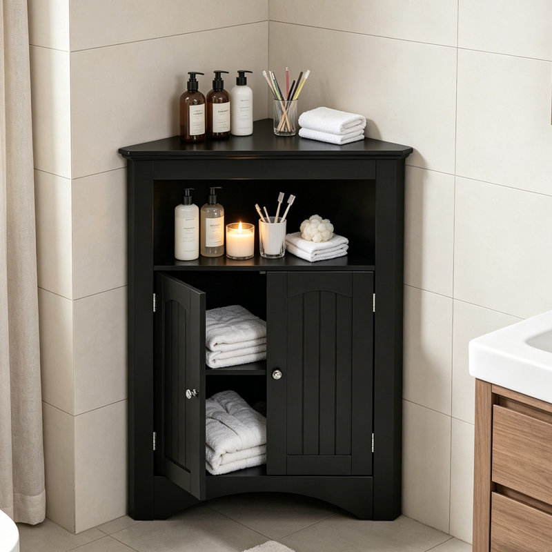 Royet Corner Accent Cabinet with Adjustable Shelves, Black