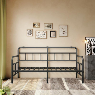 Structure de lit de jour simple en métal noir - tête de lit classique, canapé-lit à lattes en acier durable pour chambre à coucher, salon et chambre d'amis