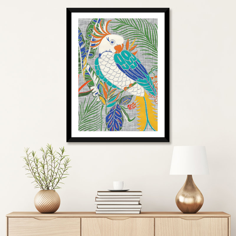 «Tropical Cockatoo» par Chariklia Zarris - impression d'art graphique, H 32 po x l 24 po x P 1 po, Papier encadré noir, Blanc
