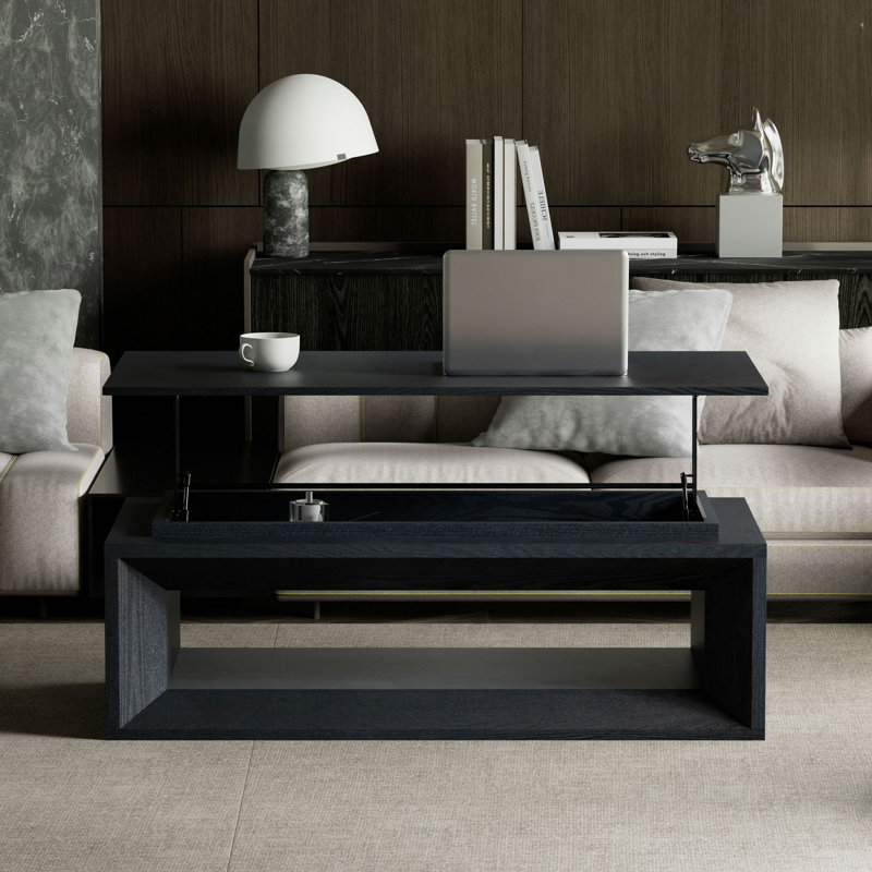 Table basse rectangulaire avec plateau relevable de 43,3 po avec rangement, table basse moderne en panneau de fibres à densité moyenne avec placage en bois et plateau flottant