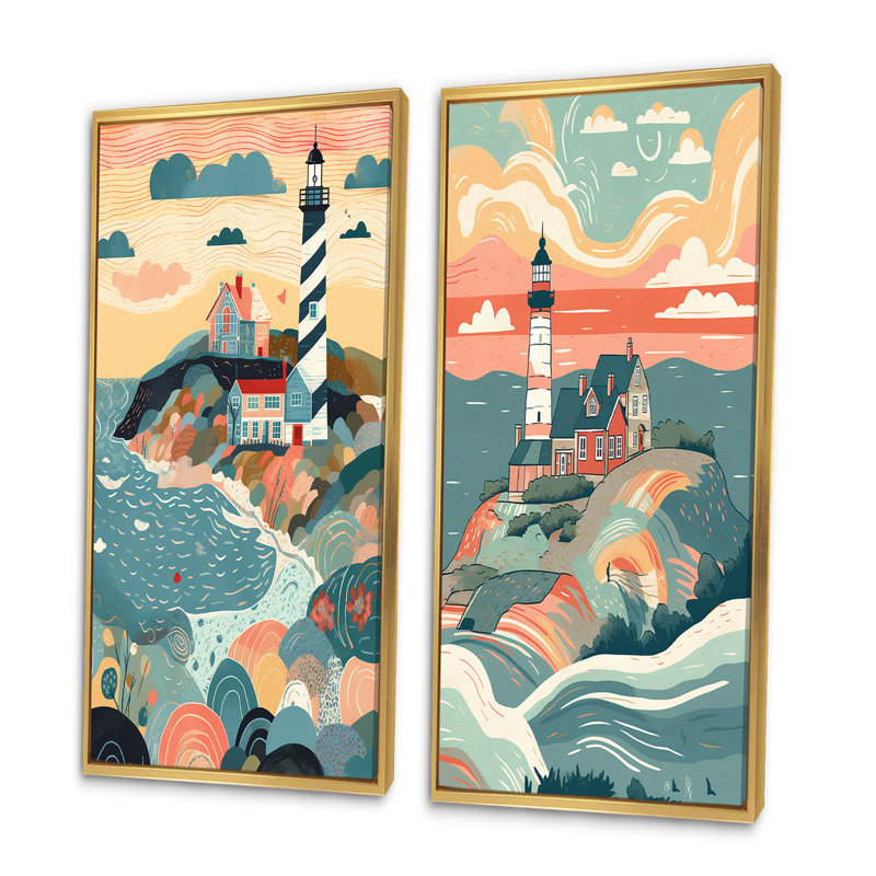 «Phare côtier», 2 pièces sur toile, H 32 po x l 32 po, Encadrement doré