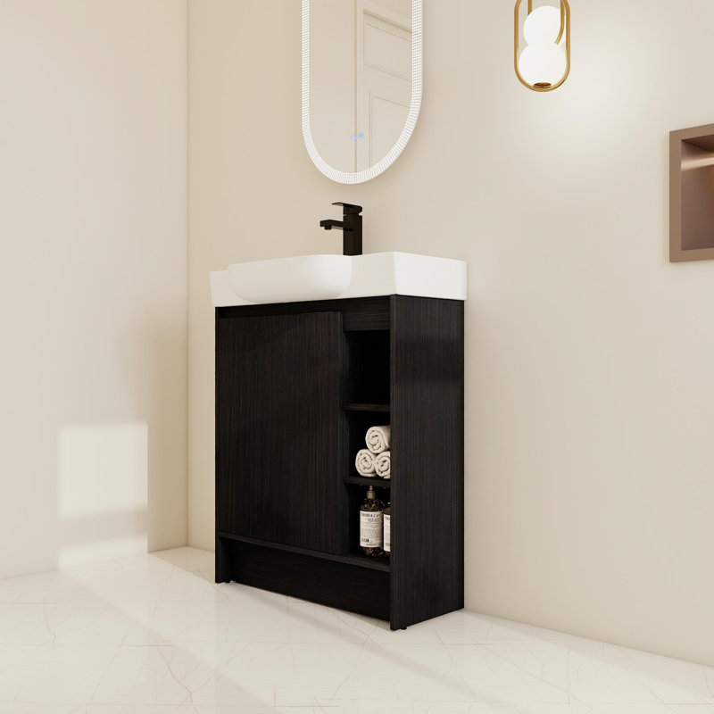 28" Freestanding Single Bathroom Vanity Set With Ceramic Sink And Shelves, Black