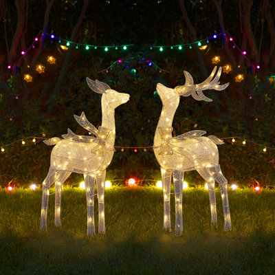 43"H Set of 2 Christmas 3D Glittered Fabric Reindeers with 170 Warm White LED Lights