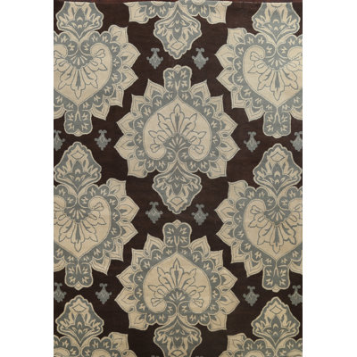 Tapis brun / ivoire en laine touffeté à la main à motif floral Ginevra