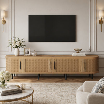 Meuble télé 70 po avec portes en rotin pour téléviseur de 80 po ou moins, console média avec espace de rangement et trous pour câbles, centre de divertissement
