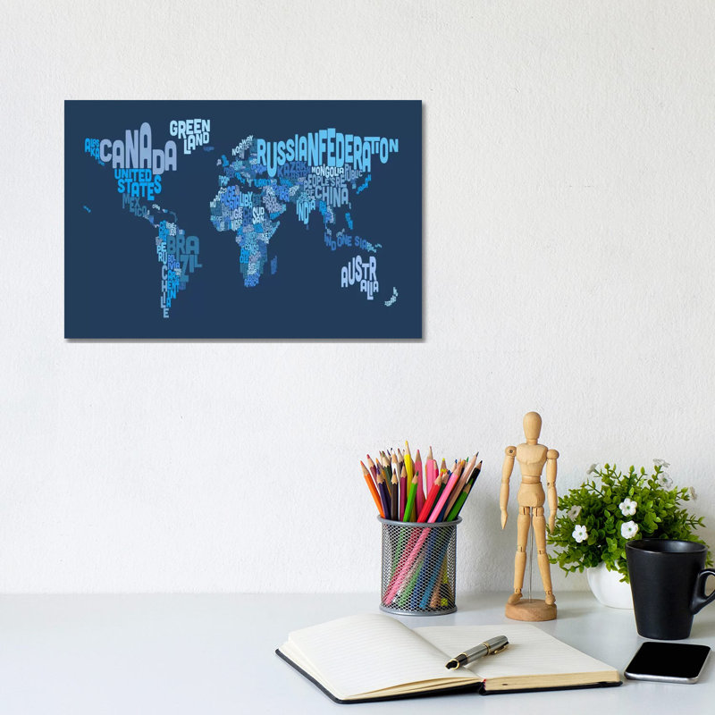 Typographic Text World Map IV (Blue) by Michael Tompsett - Wrapped Canvas Print, 20.32 cm H x 30.48 cm W