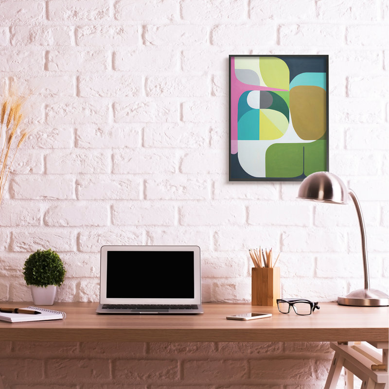 «Abstract Curved Shapes Green Pink Brown» par Marion Griese - impression, H 30 po x l 24 po, Giclée encadrée noir minuit