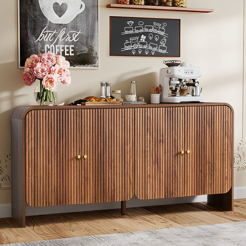 59.05'' Sideboard Buffet Cabinet With 4 Fluted Doors, Walnut