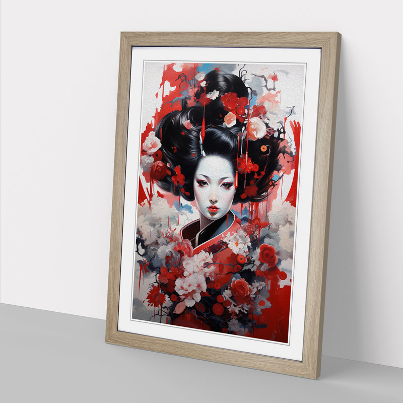 Geisha Neo Plasticism Art - Framed Print, 46cm H x 34cm W, Oak Framed