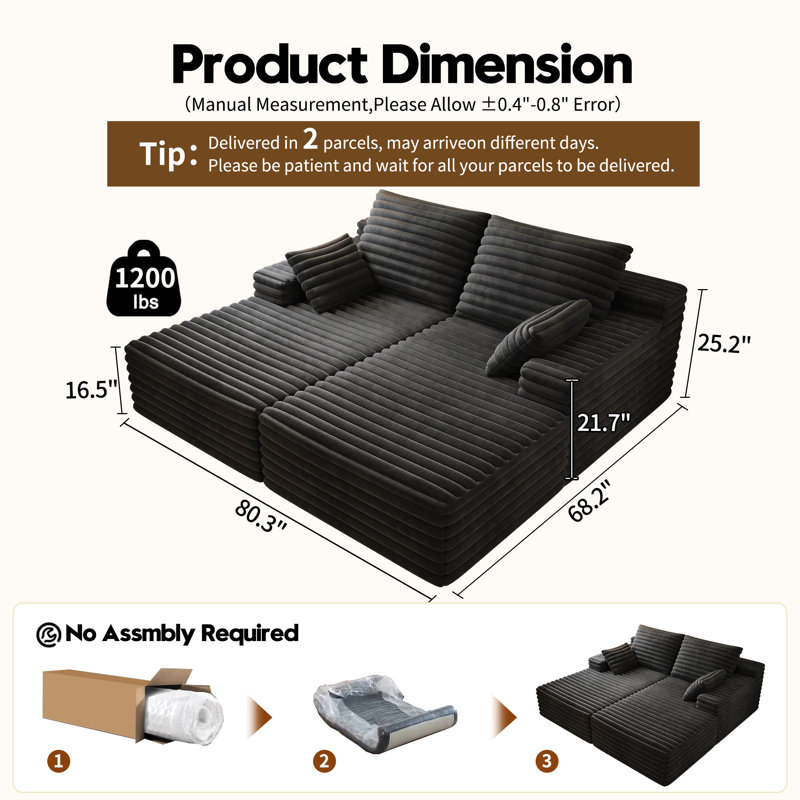 80” Oversized Double Lounge Chaise ,Cloud Plush Sofa Bed,Upholstered Boneless Cloud Sofa Deep Seat,No Assembly Required,Modern Sleeper Loveseat Chair for Living Room Bedroom Reading