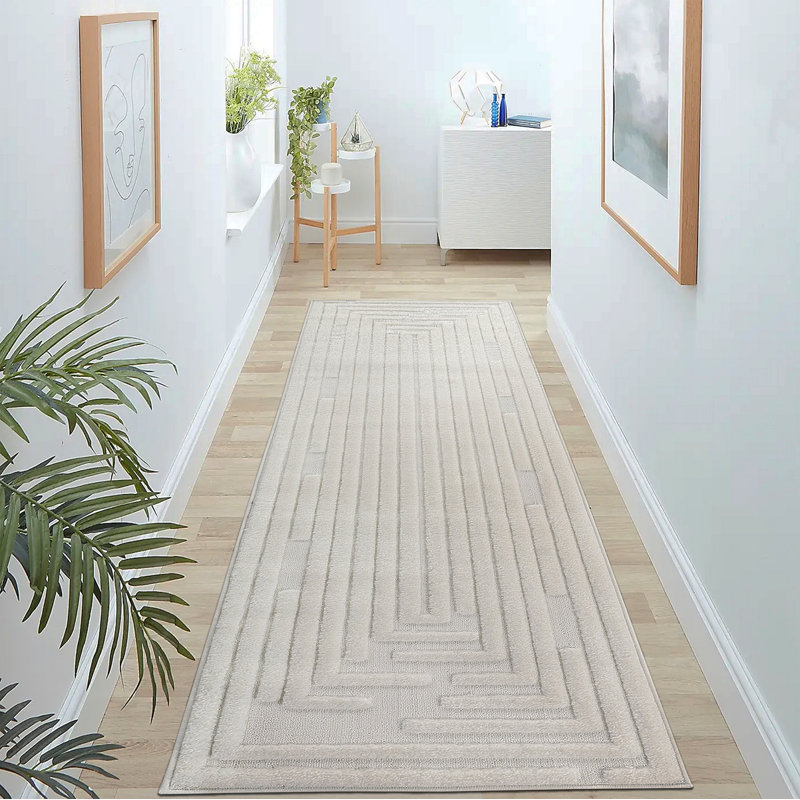 Step Collection High-Low Striped Cream Indoor Runner Rug, 2'2''X8', Modern, Contemporary, Geometric, Bohemian, Bedroom, Kitchen, Living Room, Hallway, Non Shedding Carpet