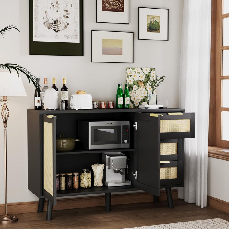 Buffet Cabinet -Rattan Kitchen Buffet Cabinet With 2 Doors 3 Shelves,Sideboard With Storage, Accent Cabinet Rattan Sideboard For Kitchen, Dining Room,Hallway, Cupboard Console Table