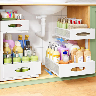 Under Sink Organizer, 2-Pack Pull Out Cabinet Organizer 2 Tier Metal Slide Out Storage Shelf Rack, L-Shaped Adjustable Height,Mesh Sliding Drawer for Kitchen, Bathroom, Laundry, Pantry, White