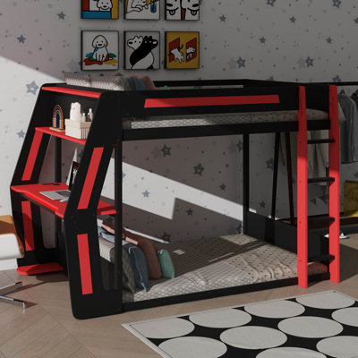 Full-Size Bunk Bed For Gaming With Extra-Large Side-Mounted RGB Desk, USB Ports & Cable Grommet, LED Light Strip, Sturdy Esports Loft Structure – Stylish Design