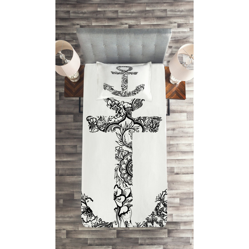 White and Black Twin Quilted Bedspread Set with Anchor Design