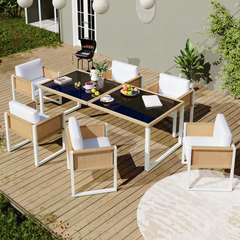 6 - Person Patio Dining Set Rectangular Table, White, White