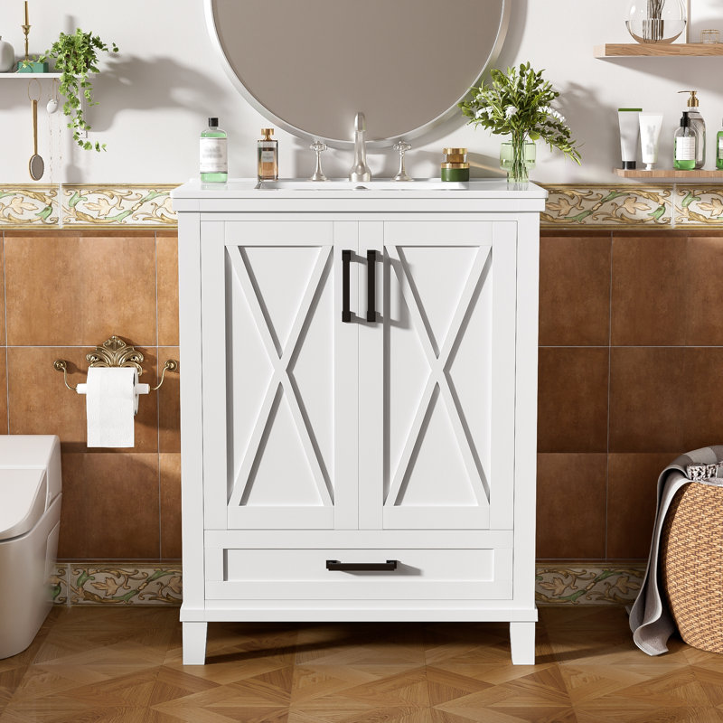 Meuble-lavabo de salle de bain avec lavabo simple, structure en bois massif, panneau de fibres à densité moyenne, portes à fermeture en douceur, tiroir divisé et grand espace de rangement