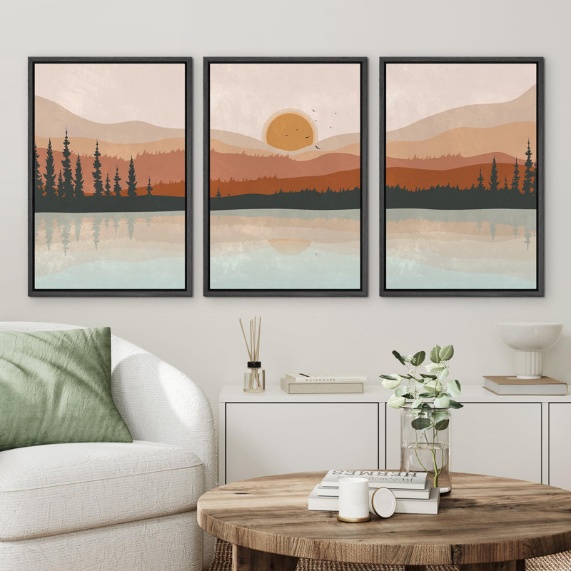 Sun Mountain Landscape " Pastel Mountain Range Forest Lake Reflection Nature Landscape Decor Abstract " 3 - Pieces
