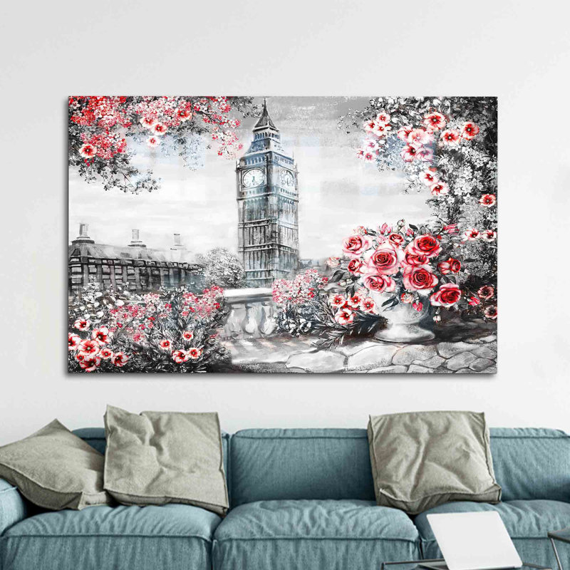 Superbe art mural en verre abstrait avec des motifs floraux emblématiques de Big Ben pour une décoration intérieure unique