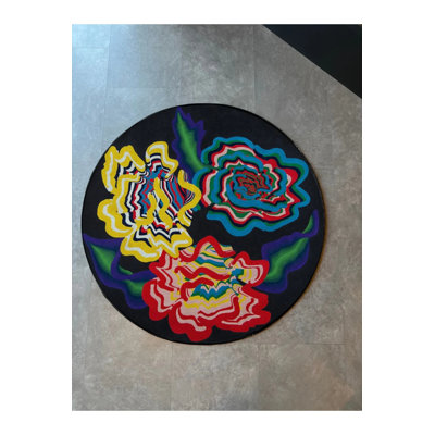 Troyanek Black Multicolored Abstract Patterned Round Rug
