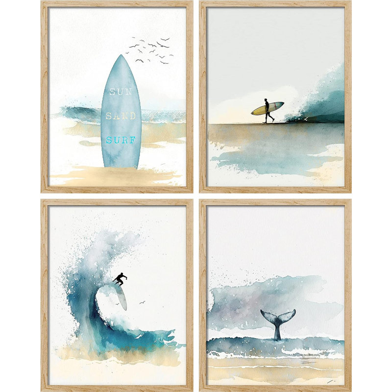 Planche de surf pastel, vague de baleine de plage, impression encadrée, 4 pièces, H 14 po x l 11 po x P 1 po, Encadré naturel