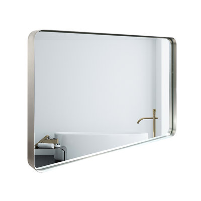 36X30inch Silver Bathroom Wall Mounted Mirror - Metal Frame, Clear Reflection, No , Waterproof Design For Rounded Corner, Waterproof, Modern Decor
