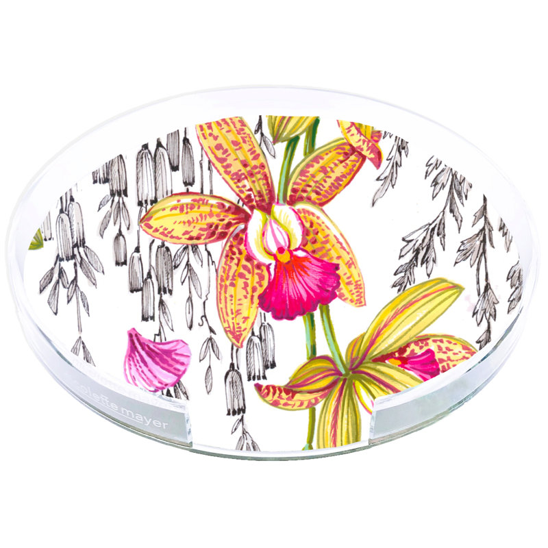 Orchid Pangea Acrylic Round Placemat Tray, Yellow/Pink/Green