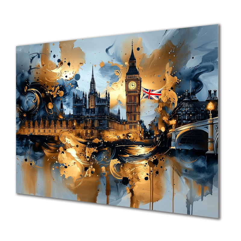 «London Big Ben Glow On Gold IV», impression murale sur métal Londres, H 30 po x l 40 po