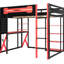 Lit mezzanine double avec bureau, tablettes et station de charge en noir et rouge pour une esthétique élégante