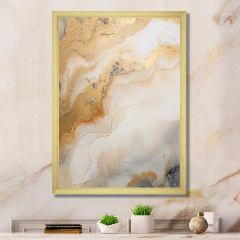 «Abstract Abstract Beige and Gold Geyser Paint III - Abstract Shapes», art mural encadré, Cadre doré simple
