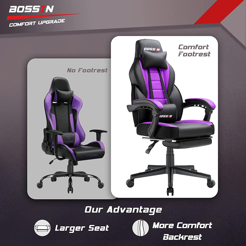 Bossin Purple and Black Faux Leather Gaming Chair with Footrest