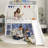Jack Metal Junior House Twin Loft Bed with Slide and Curtain Set and Pennant Banner Flag and Star Stickers, White with Blue-391788446