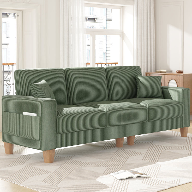 Oversize Sofa 256cm Corduroy Sofa with 3 Seats, No Tool Assembly,Solid Wood Frame and Solid Wood Legs, Green