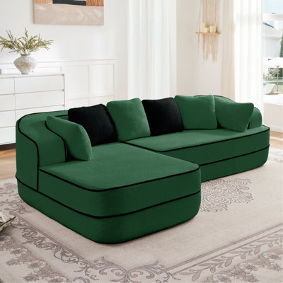 Canapé de 106 po en tissu pelucheux sans assemblage à densité élevée de 106 po, couleur contrastée, canapé moelleux et confortable avec méridienne en L, pour le salon, vert