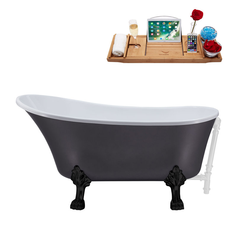 55" Streamline Clawfoot Soaking Acrylic Bathtub With Drain, Clawfeet, and Bamboo Tray, Glossy White, Matte Black