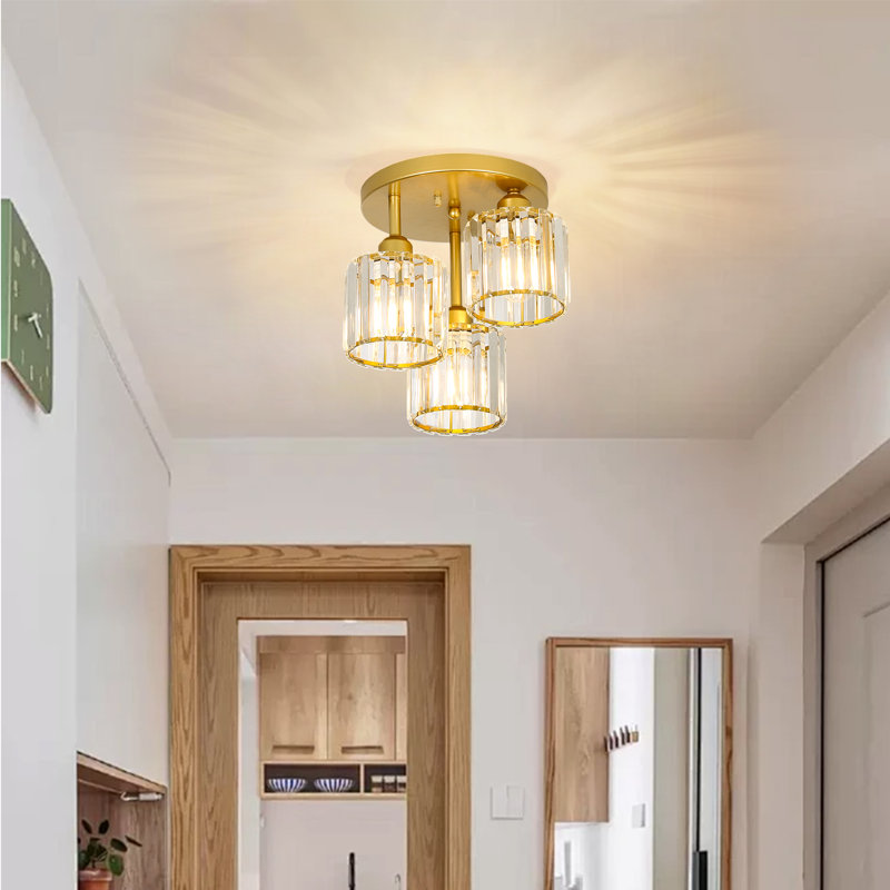 Plafonnier encastré en cristal doré à 3 lumières avec fer et verre, Doré