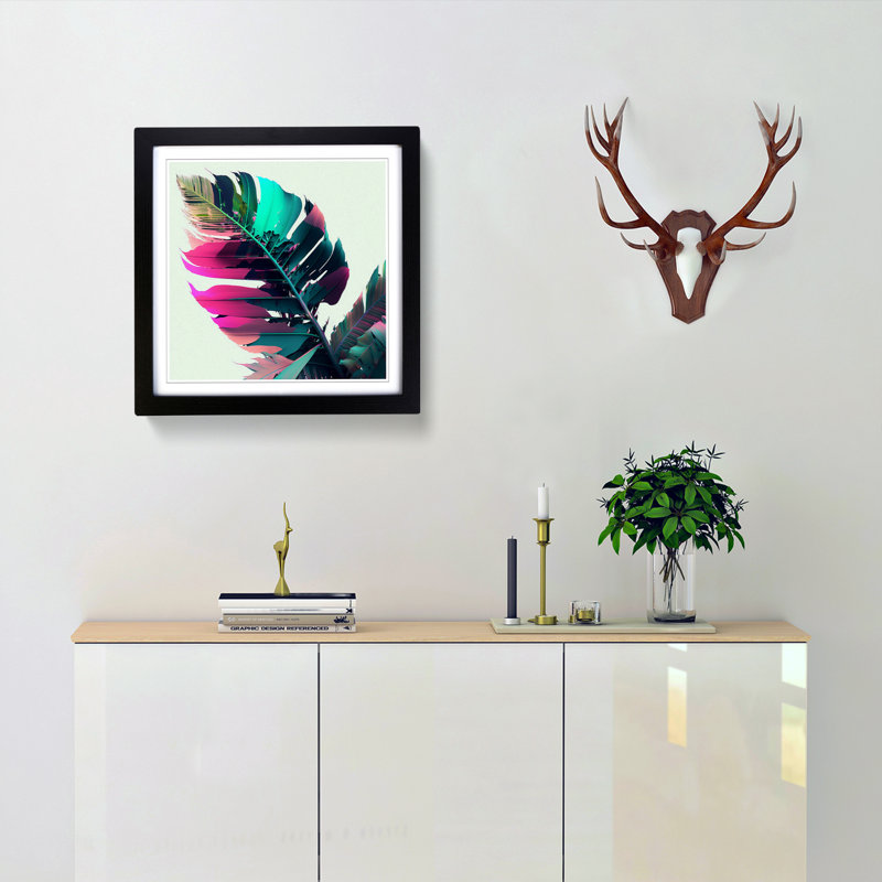 Tropical Leaf Glitch Art - Single Picture Frame Print on Wood, Black
