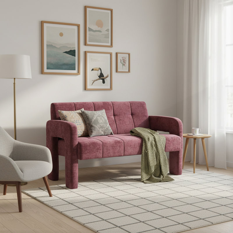 Modern Double Compact Upholstered Sofa, Wine Red