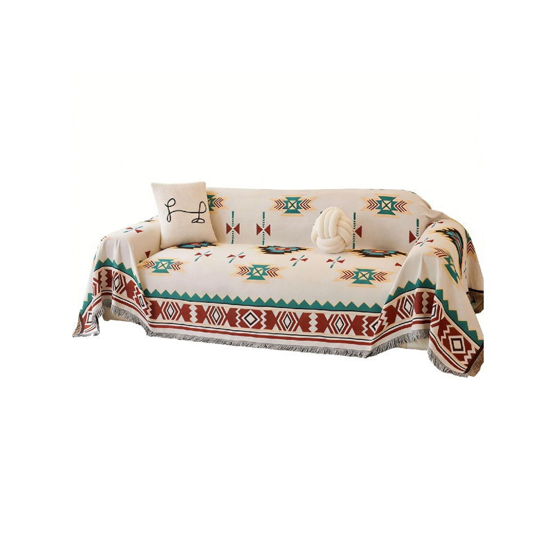 Cotton Box Cushion Sofa Slipcover, Polyester Blend - Beige Geometric